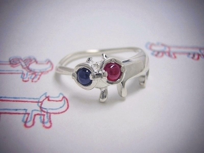 miaow with 3D spectacles on ( cat sapphire ruby sterling silver ring 猫 蓝宝石 红宝石 ) - 戒指 - 纯银 银色