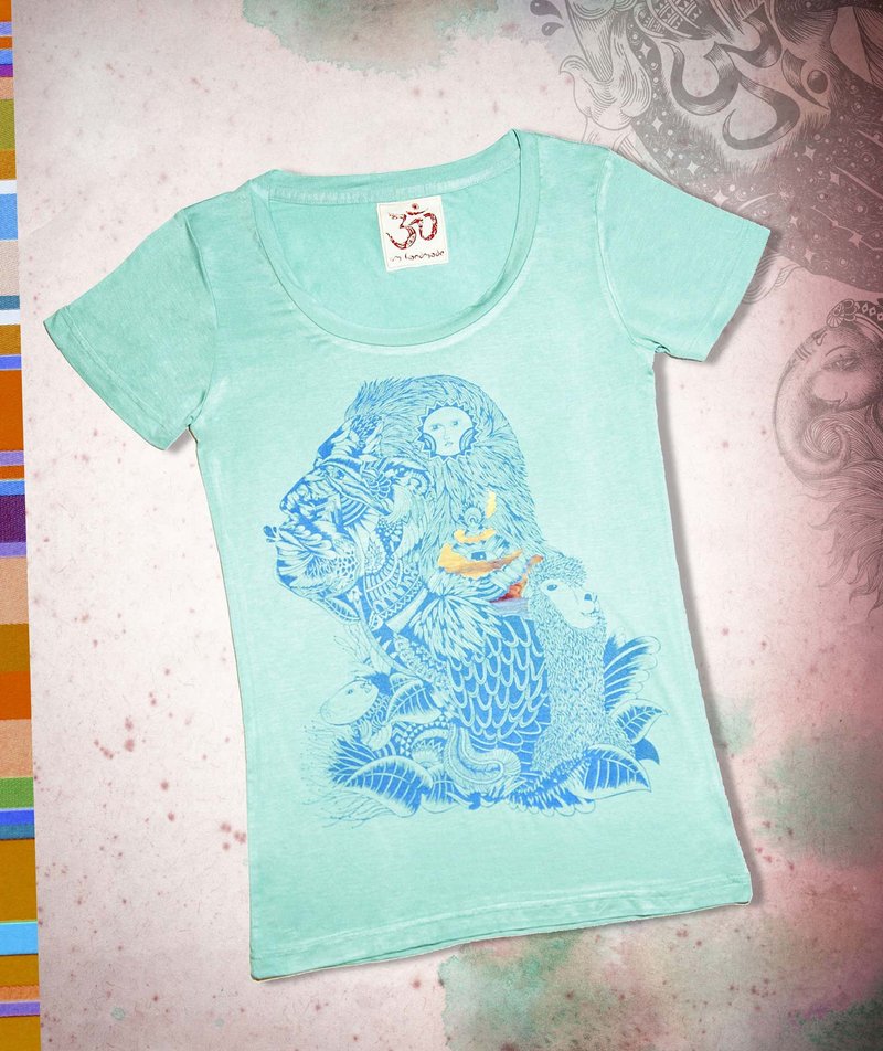 新手感舒棉旅行T-南美印地安人(亮蓝绿) - 女装 T 恤 - 棉．麻 蓝色