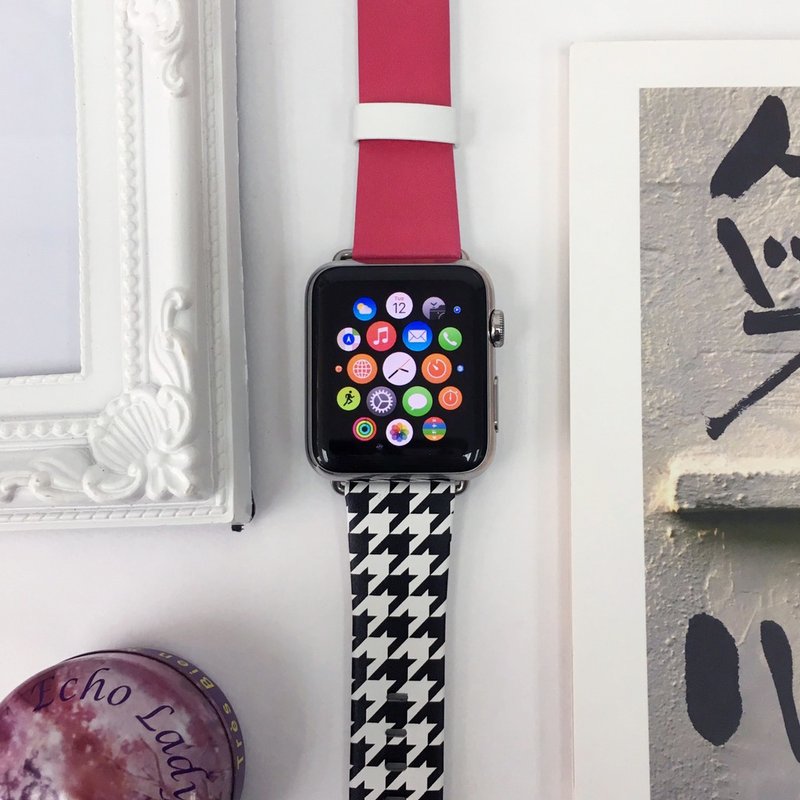 Apple / Samsung Watch 粉红黑白千鸟格表带适合任何型号 - 表带 - 其他材质 粉红色