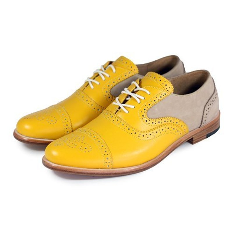 Sweet Villians M1093B 手工真皮雕花双色牛津鞋 黄卡其 - 女款牛津鞋/乐福鞋 - 真皮 黄色