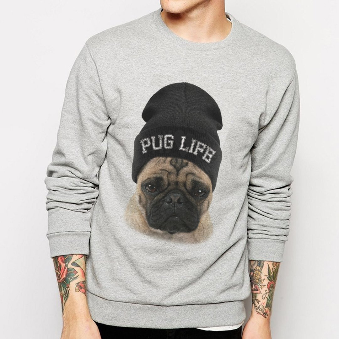 PUG LIFE大学刷毛美国棉T-灰色 巴哥 哈巴狗 狗 犬 动物 文青 艺术 设计 时髦 文字 时尚 - 男装上衣/T 恤 - 其他材质 灰色