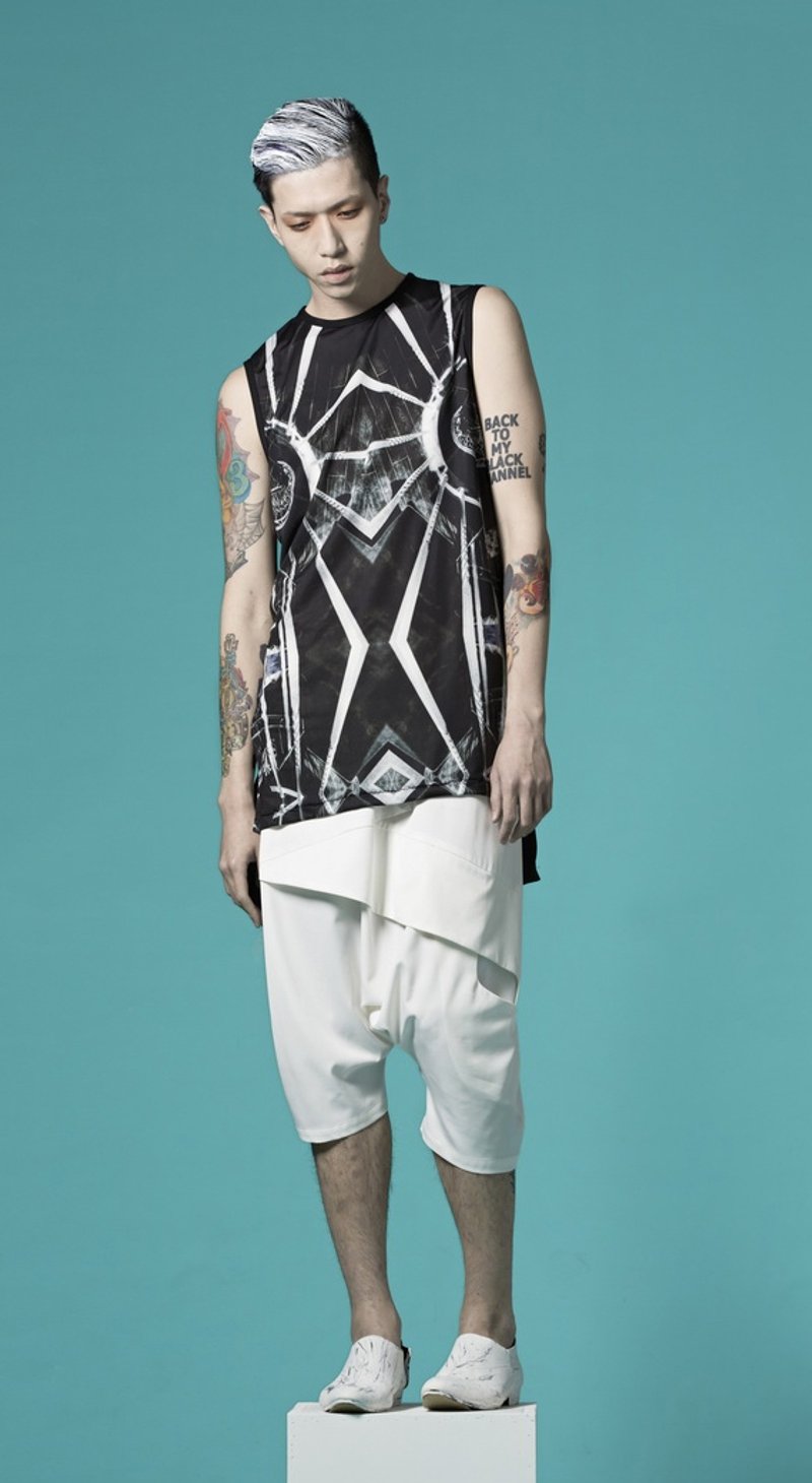 丝光印花无袖长上衣(黑) - 女装 T 恤 - 其他材质 黑色