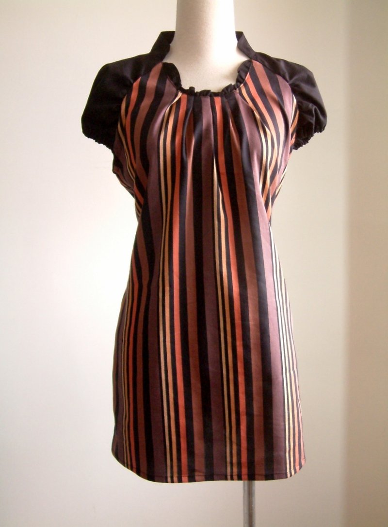 立领多彩条纹长版衣-橘色 - 洋装/连衣裙 - 其他材质 橘色