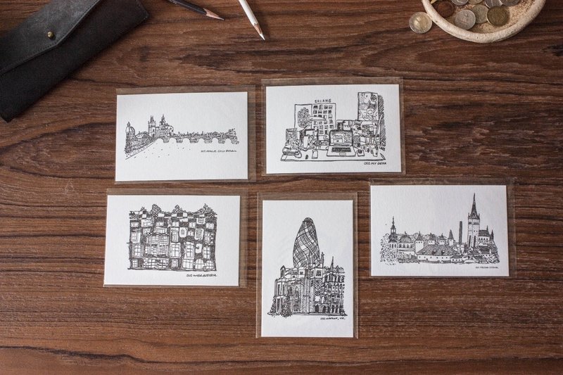 手绘城市明信片组(C)五张 - 卡片/明信片 - 纸 白色