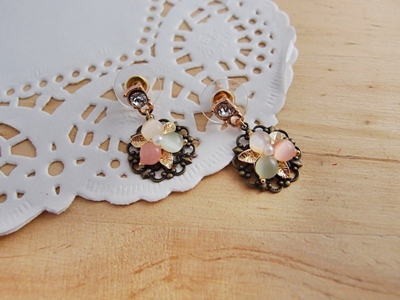 小 摇 曳 【 CR0114 】 水钻 x 三色猫眼石 x 珍珠 x 垂坠式耳针///可改夹式耳环 - 耳环/耳夹 - 其他材质 多色