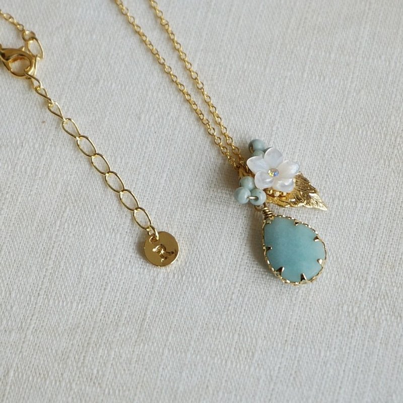 {KNL0091}素馨花镶边天河石项链 - 项链 - 宝石 绿色