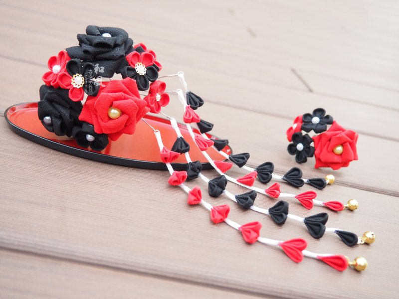 西方的玫瑰 x 和风的小花 和风细工发簪 红黑版本 - 发饰 - 棉．麻 黑色
