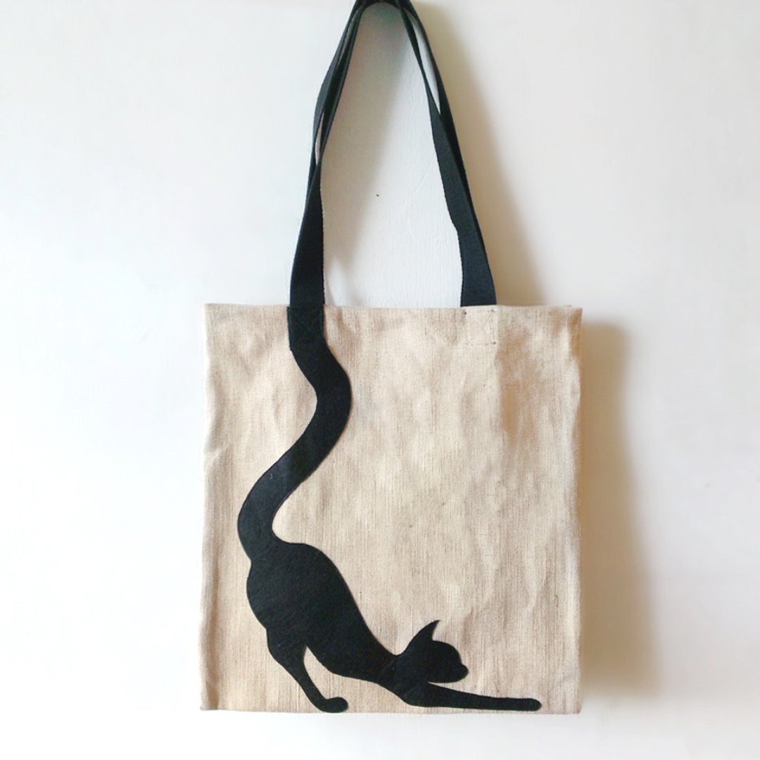 伸懒腰的长尾猫, 麻质布袋, 全人手制Tote Bag - 手提包/手提袋 - 其他材质 红色