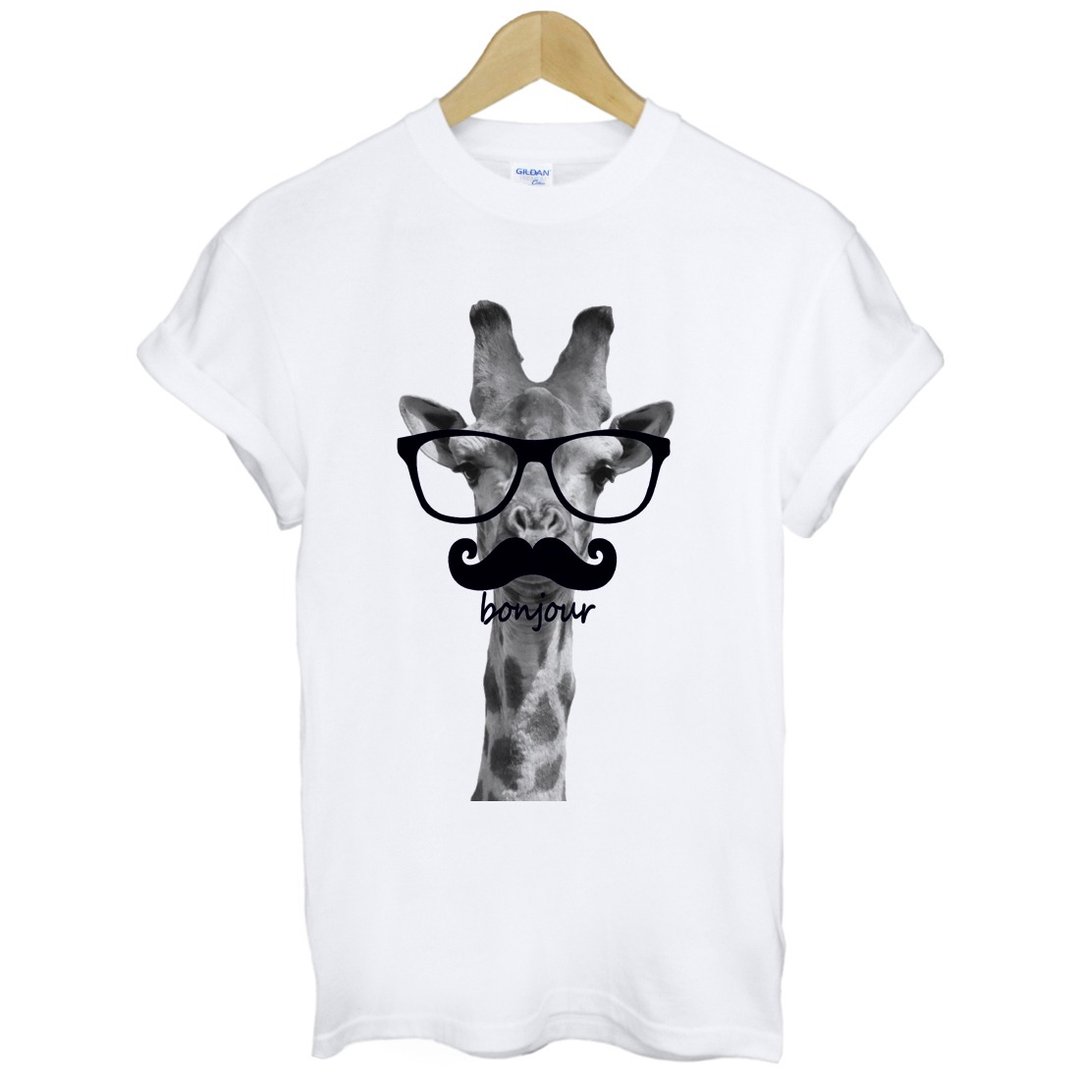 Giraffe-bonjour短袖T恤-2色 长颈鹿 你好 法国 眼镜 胡须 动物 - 男装上衣/T 恤 - 棉 白色