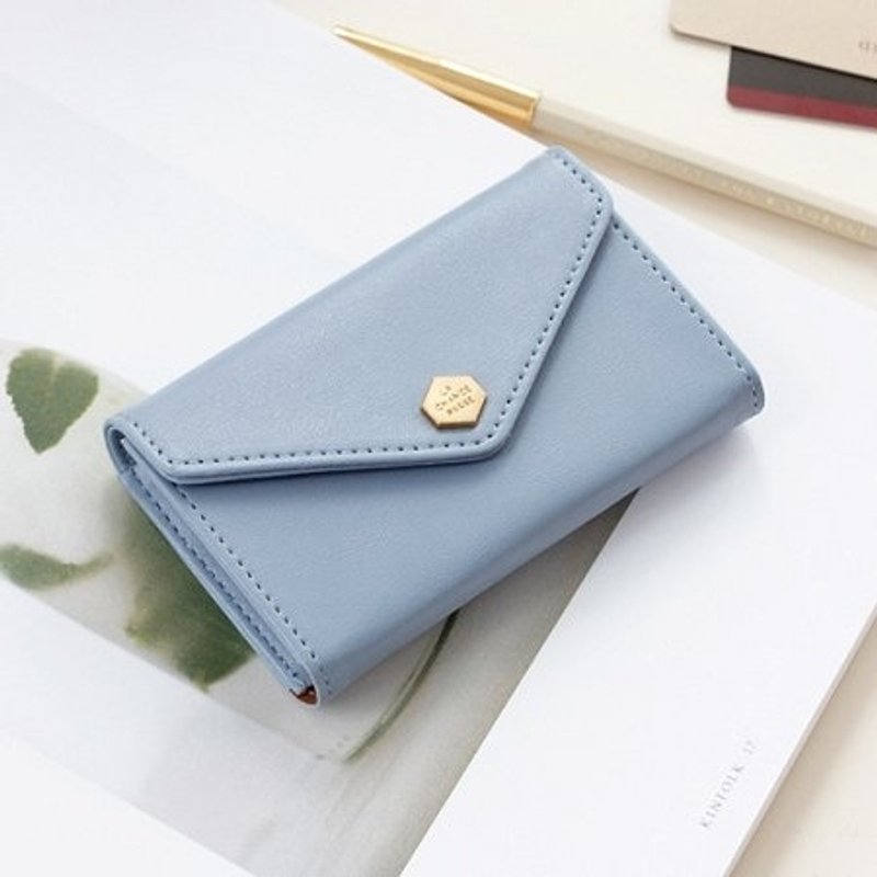 Dessin x Iconic-信封包卡片收纳短皮夹-天蓝,ICO80664 - 皮夹/钱包 - 真皮 蓝色