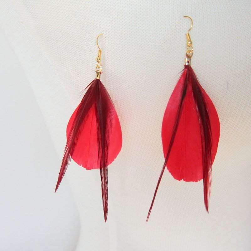 红色羽毛耳环 (荣登PINKOI首页设计精品) - 耳环/耳夹 - 其他金属 红色