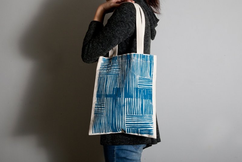 手绘手印 胚布提袋【Line】单面/双面 手提/肩背 蓝/黄绿 - 侧背包/斜挎包 - 棉．麻 多色