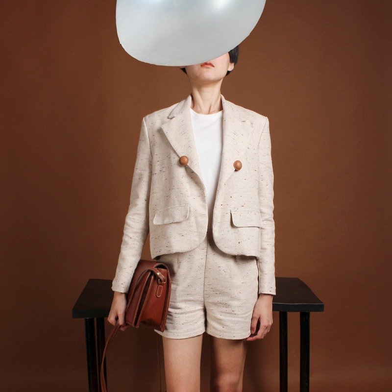 MaodiuL 学院风原创设计复古彩点麻短西装外套（附送一对圆点胸针 - 女装西装外套/风衣 - 棉．麻 多色