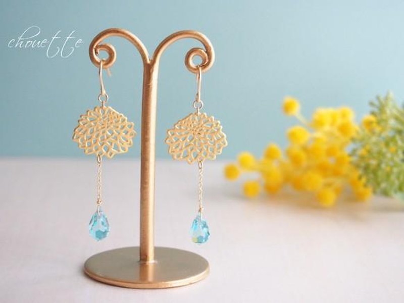 Watermark Flower Czech glass Earrings (Sky Blue) - 耳环/耳夹 - 其他金属 