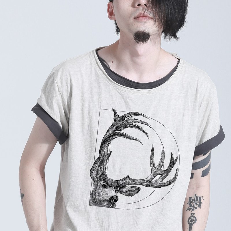 Deer 鹿 手绘字母白T - 男装上衣/T 恤 - 棉．麻 白色