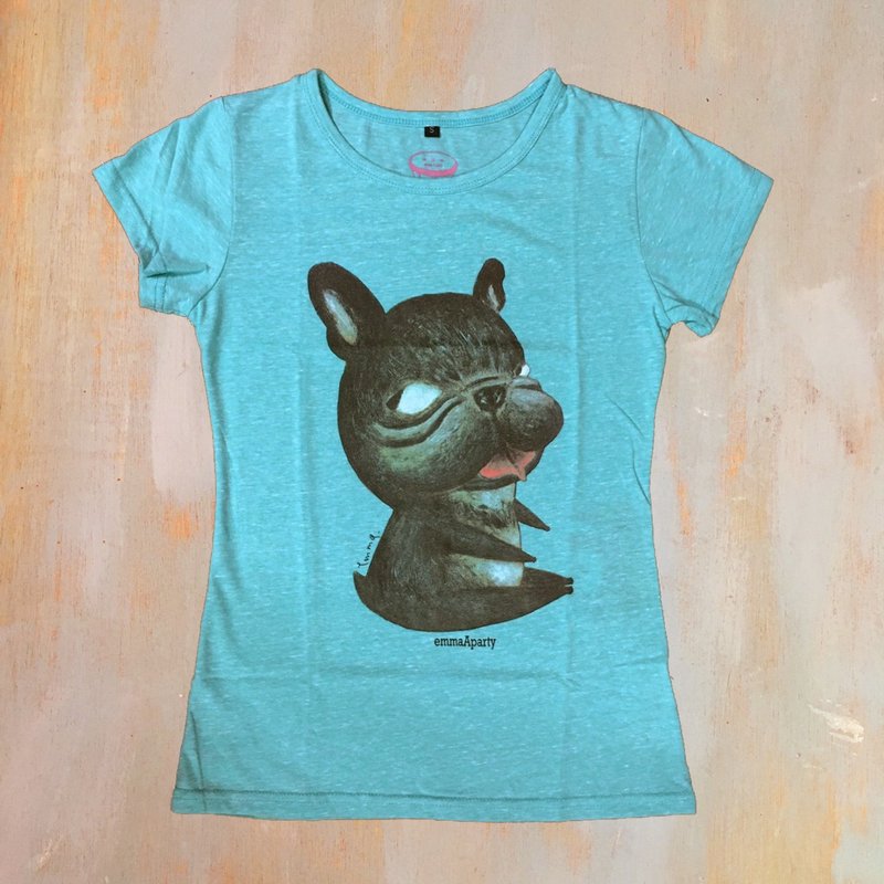 emmaAparty插画T:歪腰法斗 - 中性连帽卫衣/T 恤 - 棉．麻 蓝色