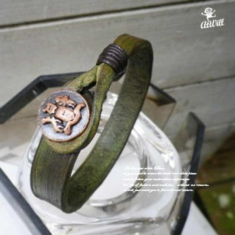 atwill【 SHAPE 】手工原生刷色钉扣牛皮手环/墨绿x红古铜 - 手链/手环 - 真皮 