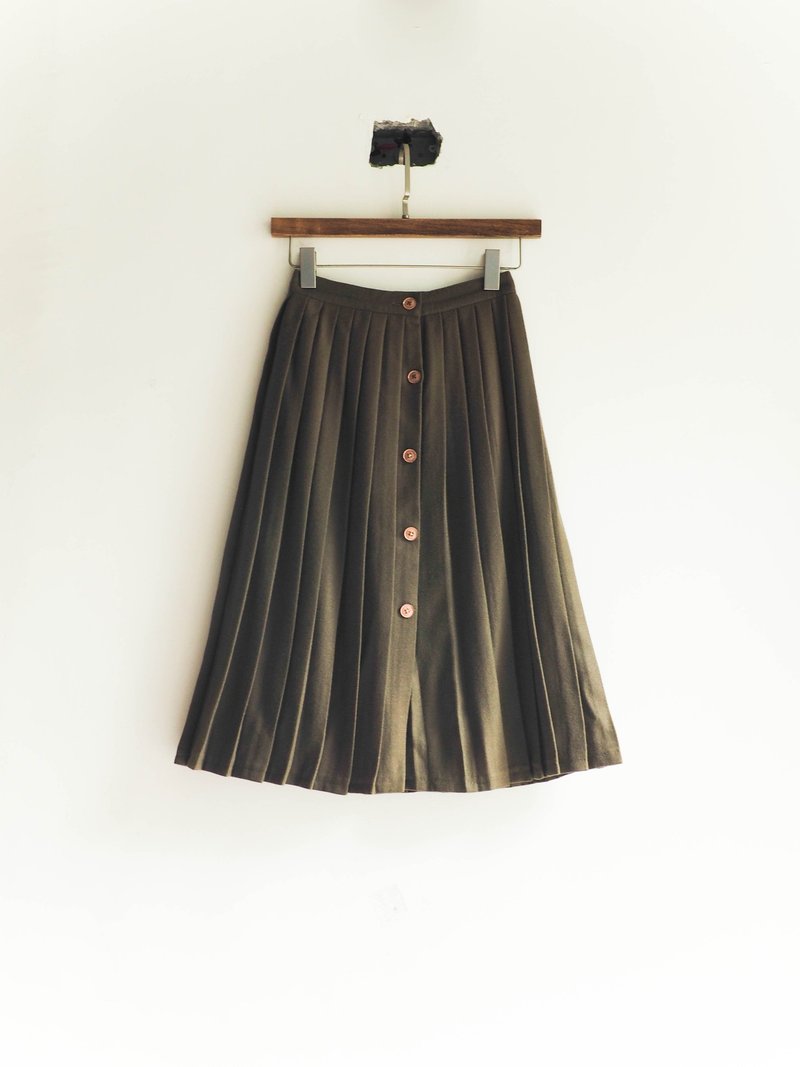 河水山 - 草山牧野墨绿之手札 羊呢毛质古董高腰百褶裙 日本高校生 古着 - 裙子 - 羊毛 绿色