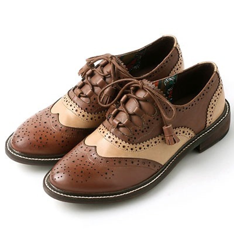 e’cho．优雅名伶复古雕花系带牛津鞋║Ec09卡其拼 - 女款休闲鞋 - 真皮 咖啡色