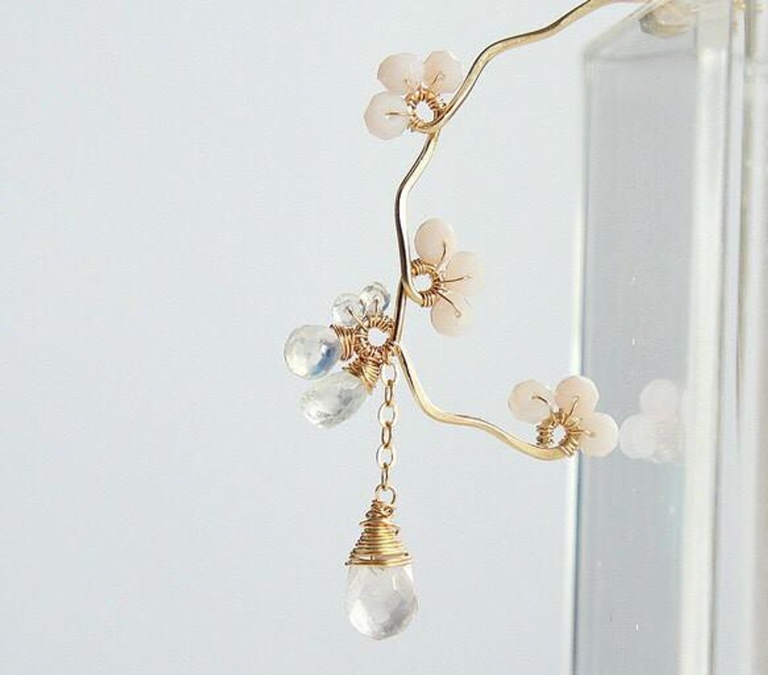Cherry Blossom Earrings, Rose Quartz Jewelry, Sakura Earrings, Bridal Wedding - 耳环/耳夹 - 宝石 粉红色