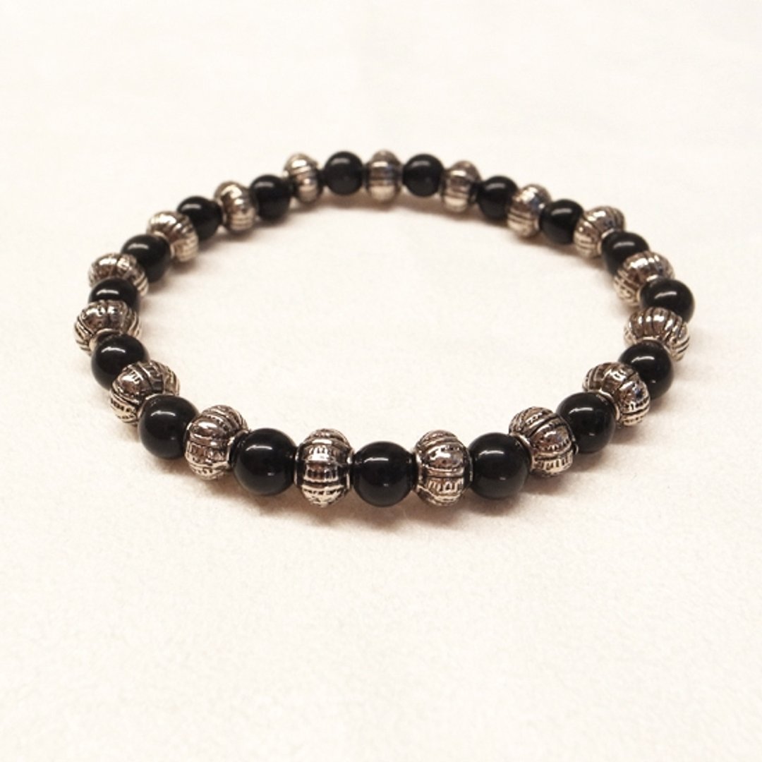 ☽柒夕手作☽【07218】黑曜石搭配合金花纹珠 - 金工/饰品 - 其他材质 黑色
