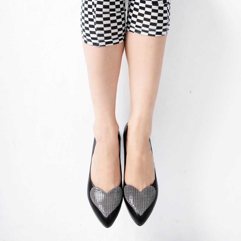 心心相印限量2cm低跟鞋_黑色+千鸟格纹爱心 - 女款休闲鞋 - 真皮 黑色