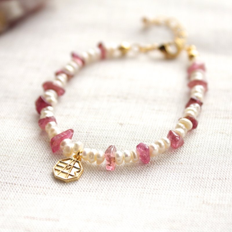 ♔拾月诞生石-粉碧玺/珍珠微笑系列手链-Pink tourmaline/ピンクトルマリン♔ - 手链/手环 - 宝石 粉红色