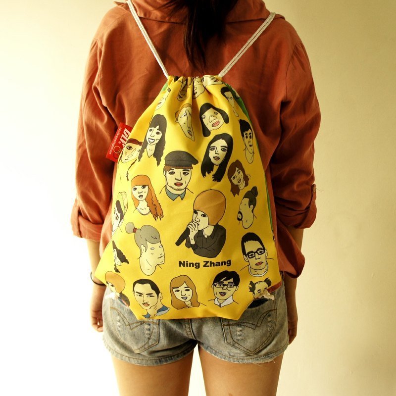 BLR 夏季限定色 狗头包 手工印制 Ning Zhang 双面图案 束口袋 后背包 - 束口袋双肩包 - 其他材质 黄色