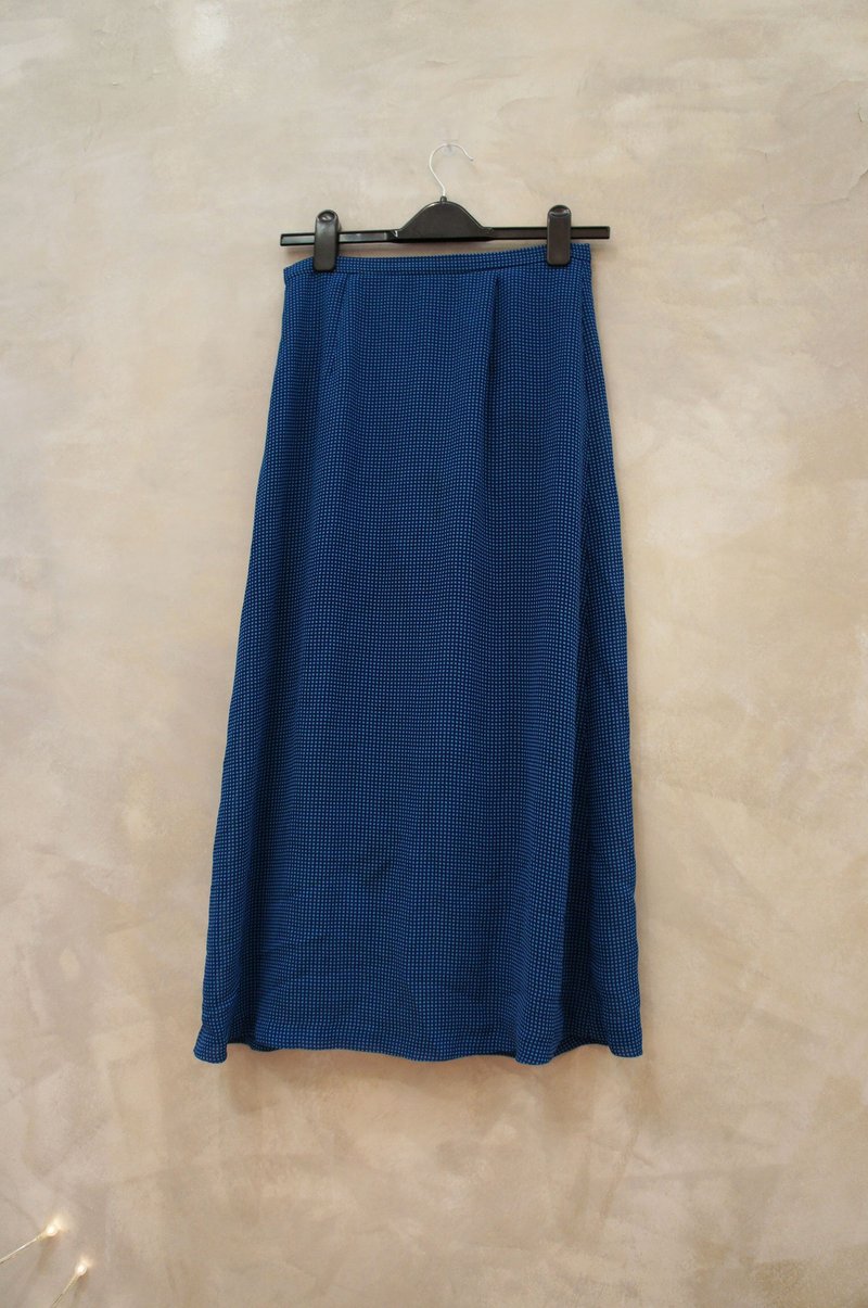 蓝绿色底 深蓝色格纹 雪纺长裙 PdB 古着 - 裙子 - 其他材质 蓝色