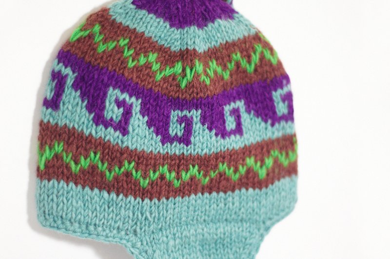 西洋情人节礼物 手工编织纯羊毛帽 / 飞行毛帽 / 针织毛帽 / 毛线帽 - 迷幻蓝紫图腾 ( 手工限量一件 ) - 帽子 - 其他材质 蓝色