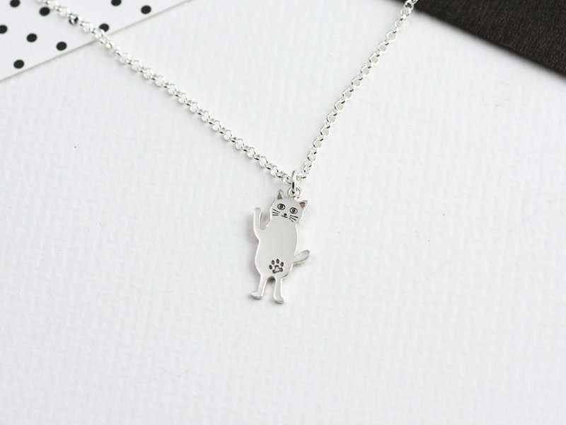 Hello猫 | 猫咪项链 925纯银 锁骨链 细项链 手作银饰 情人礼物 - 项链 - 纯银 银色