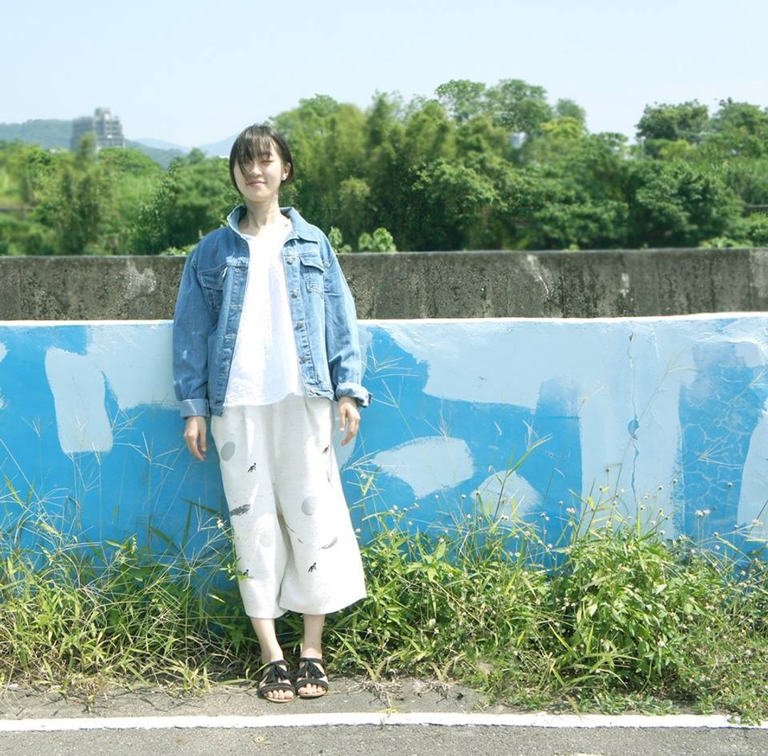 *最后数量* 白色彩点棉麻宽裤＊小狗、波浪彩色版 / 小狗、波浪黑白版 / - 女装长裤 - 棉 白色