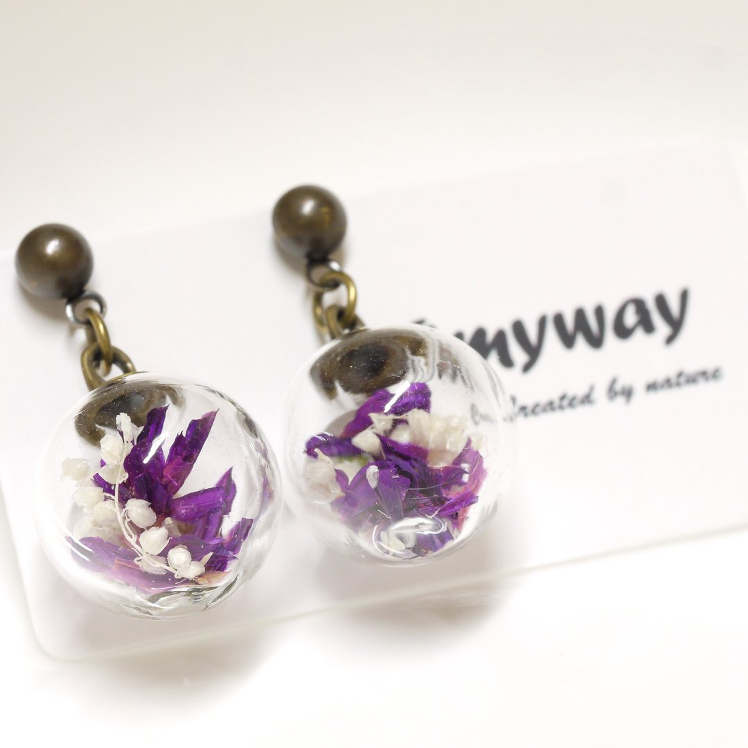 爱家作- OMYWAY DIY 干花玻璃球耳针耳环耳勾垂挂耳夹1.4cm - 耳环/耳夹 - 玻璃 白色