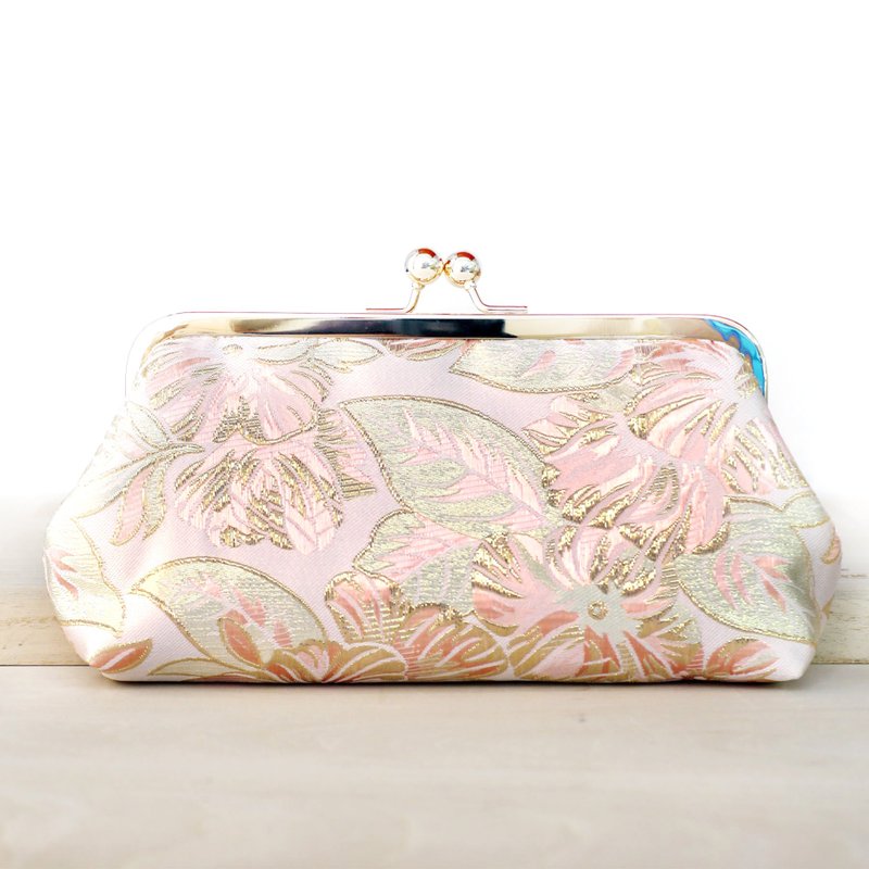 粉红绿色花花锦缎手拿、口金包 | 新娘、晚宴、旅行、蜜月旅行 - 手拿包 - 其他材质 粉红色