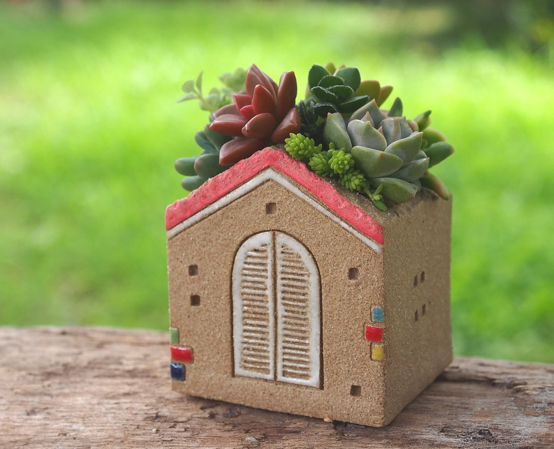 【花园小屋Garden】陶手作-浪漫粉红阁楼小花园(S)/岩石灰色/Ceramic House - 植栽/盆栽 - 其他材质 