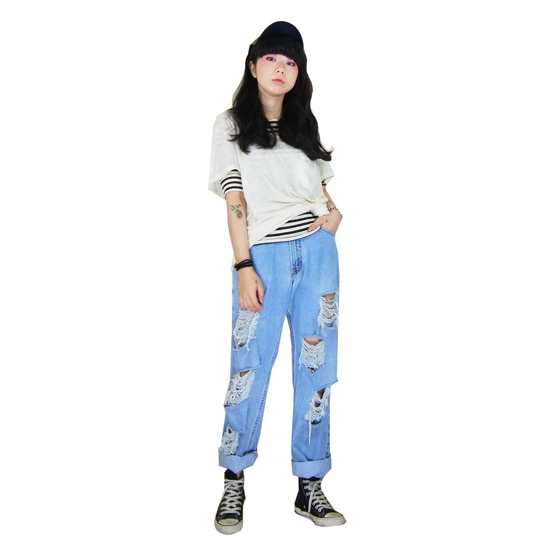 A·PRANK :DOLLY :: 古着VINTAGE品牌Levi's刷白刷破抽须男友风宽松直筒牛仔裤 - 女装长裤 - 其他材质 多色