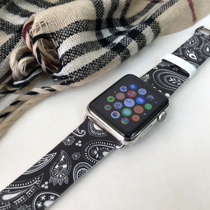 Apple / Samsung Watch 民族腰果花图案表带适合任何型号 -67 - 表带 - 其他材质 黑色