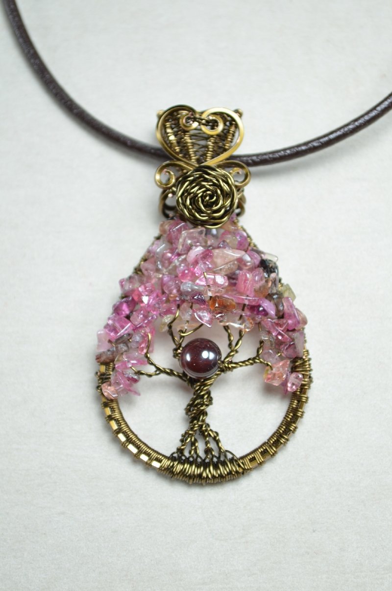 ||树系列||红碧玺生命树-玫瑰||-水晶/金属线/手工/铜线 - 项链 - 宝石 粉红色