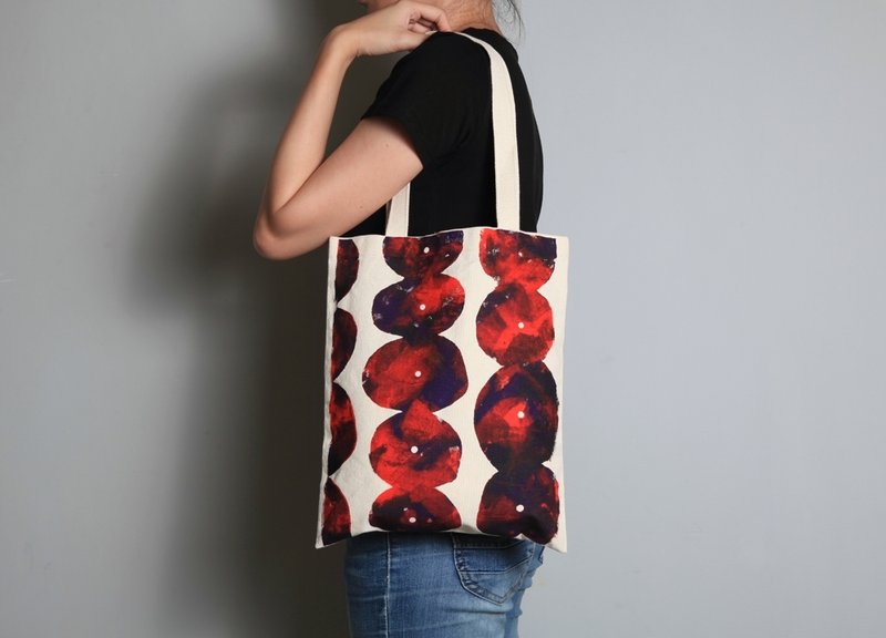 手绘手印 胚布提袋【石堆花】单面图案 手提/肩背 紫红/黄绿 - 侧背包/斜挎包 - 棉．麻 多色