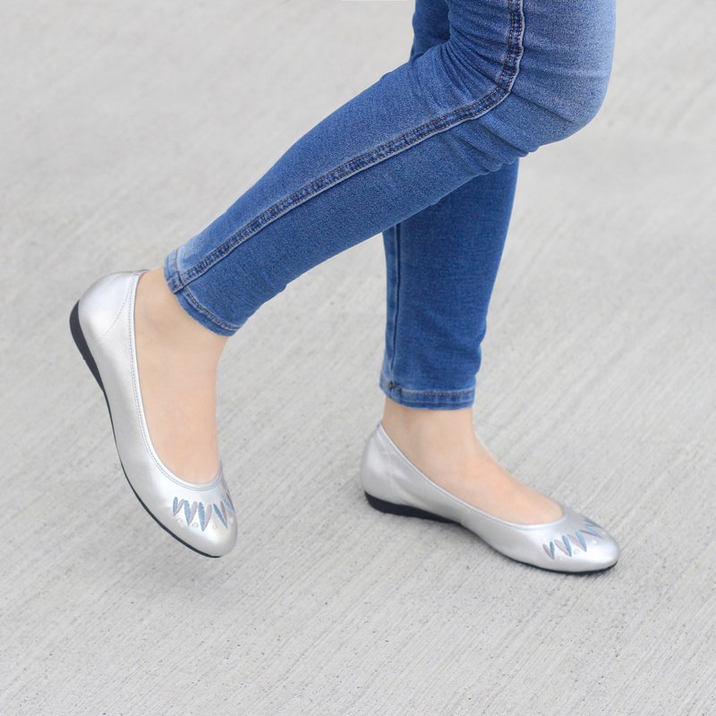 刺绣真皮平底鞋- 桃花心木/银 - 芭蕾鞋/娃娃鞋 - 真皮 透明