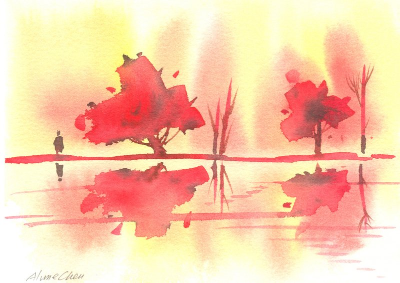 “疗愈系树林系列1-49”水彩手绘限量版明信片/圣诞卡 - 卡片/明信片 - 纸 红色