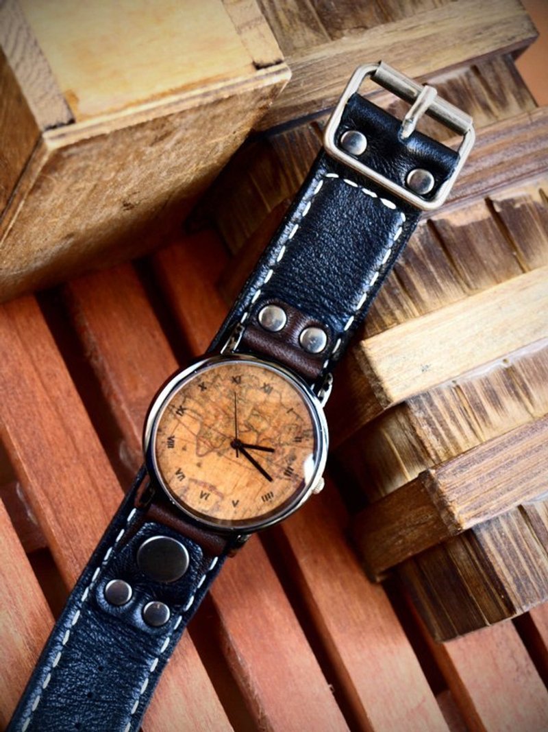 复古木面色地图手表 - 其他 - 真皮 黑色