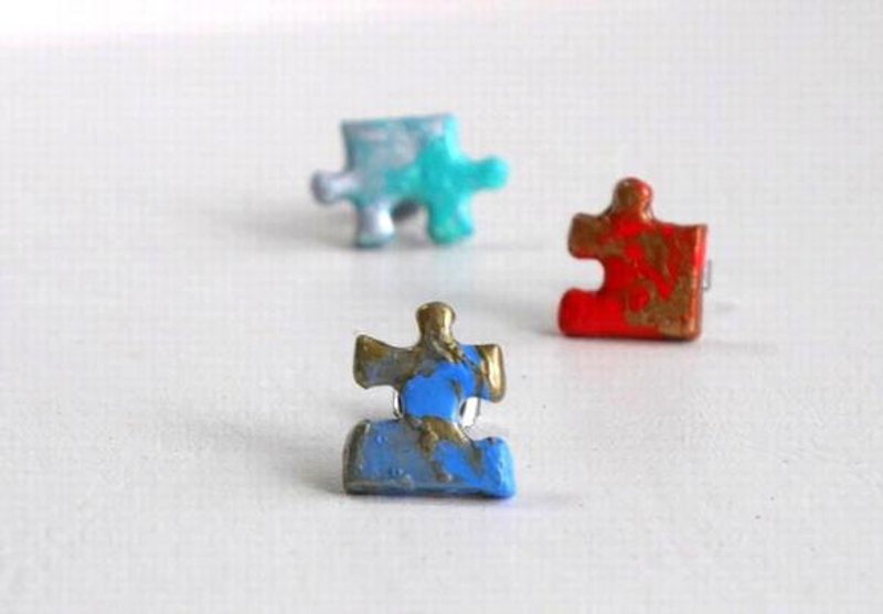 拼图 浅蓝 x 金 大理石纹耳环 - 耳环/耳夹 - 塑料 金色