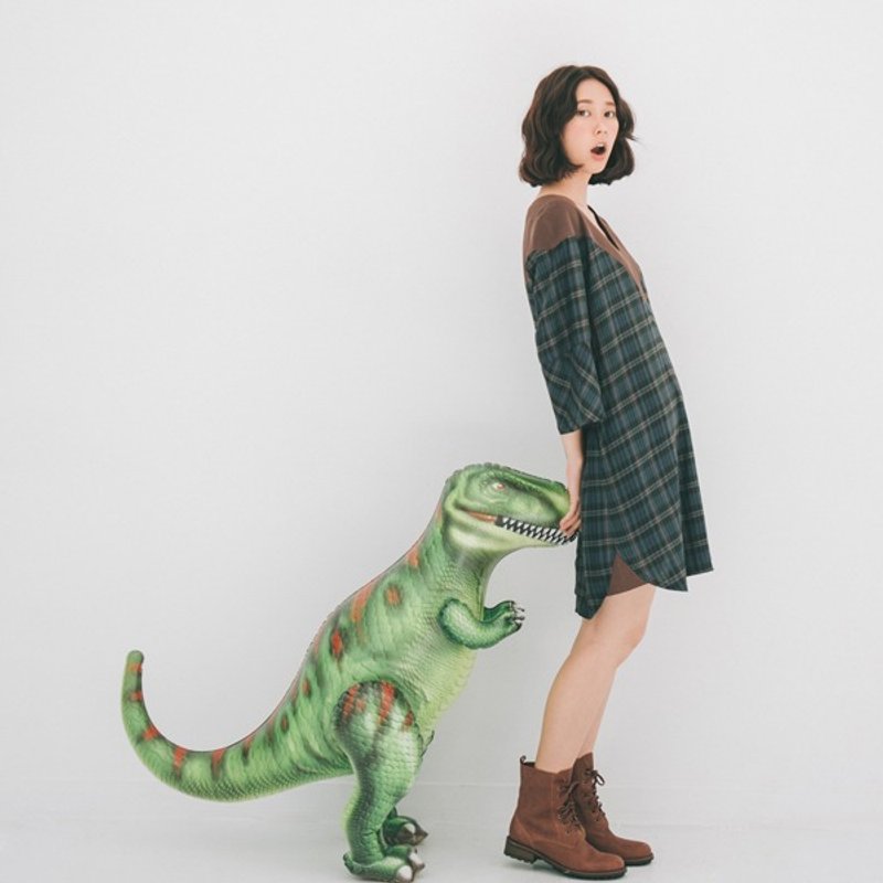 许许儿♪撞色拼接格纹宽袖洋装-绿 - 洋装/连衣裙 - 其他材质 绿色