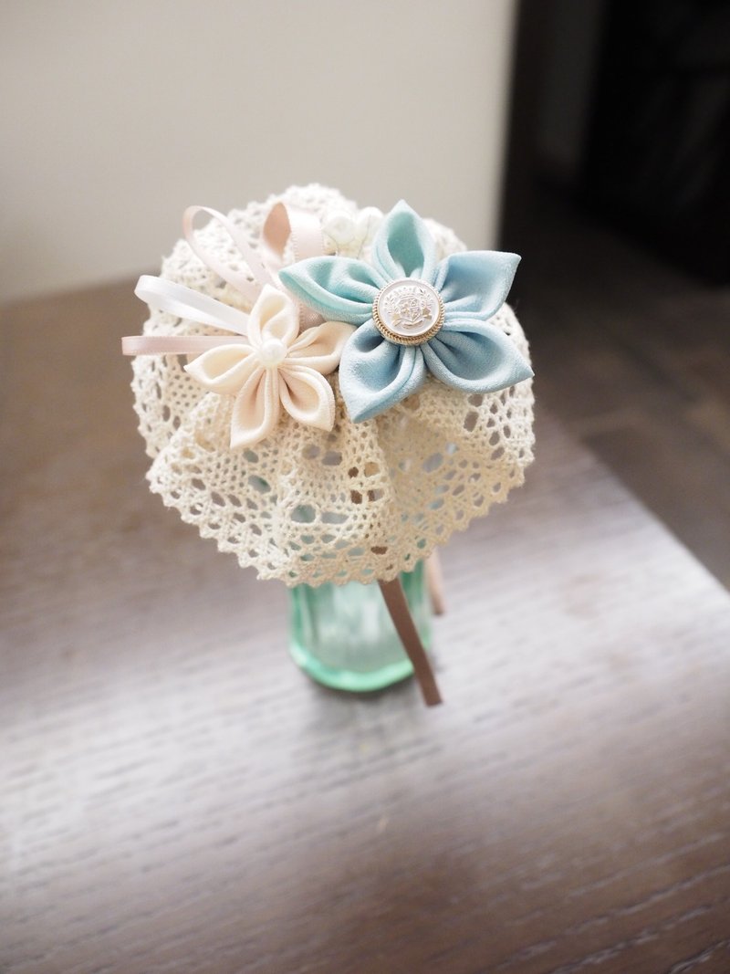 手作蕾丝粉绿小布花头箍 - 围嘴/口水巾 - 棉．麻 蓝色