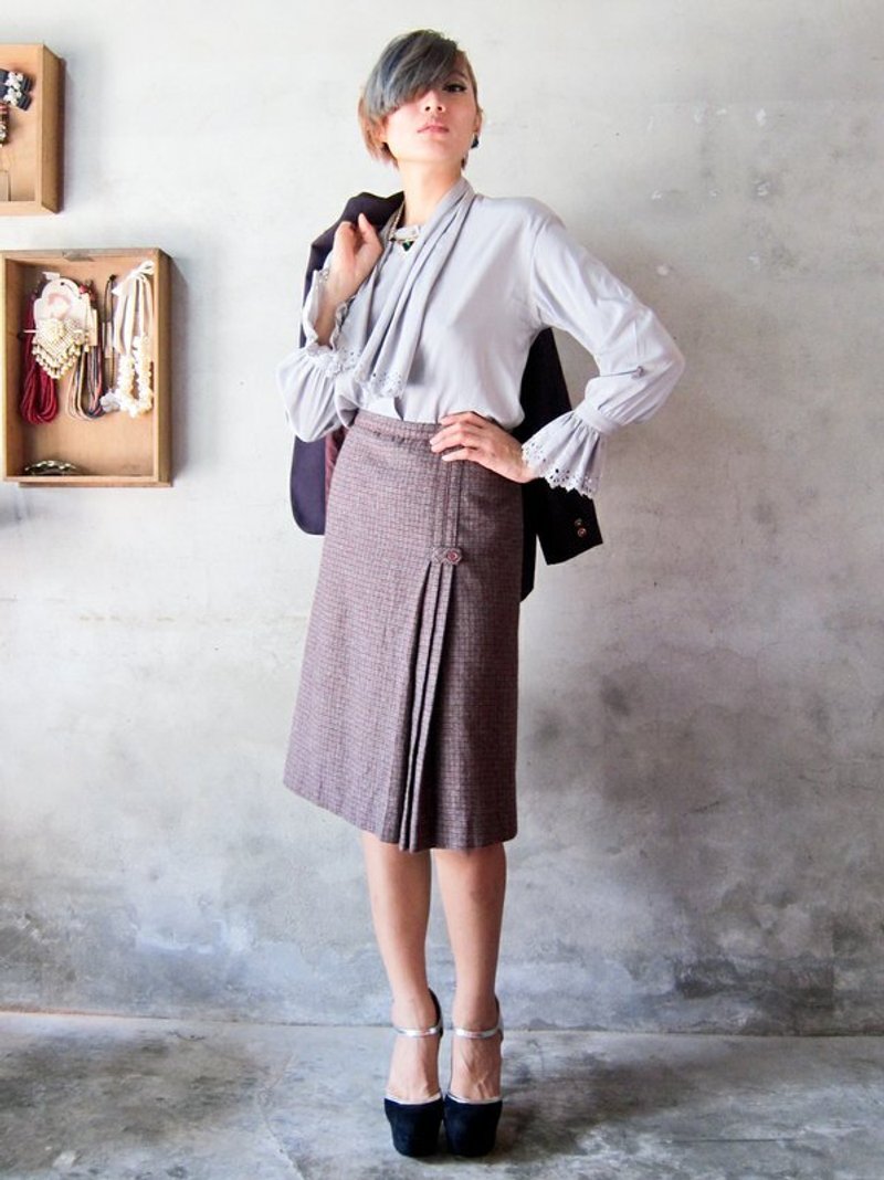 vintage古着经典毛呢打褶格纹及膝裙  - 裙子 - 其他材质 粉红色