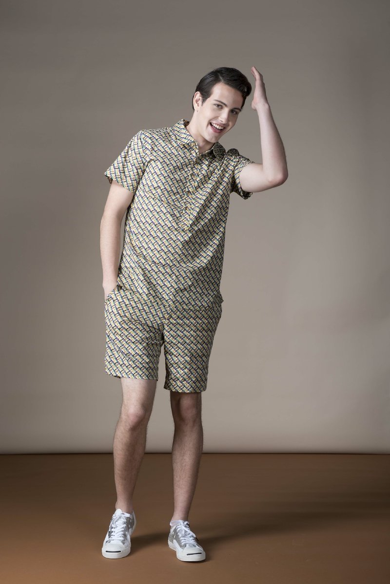 Sevenfold Cross Printed Short (Brown/Yellow) 交叉印花短裤 (棕/黄) - 男士短裤 - 棉．麻 