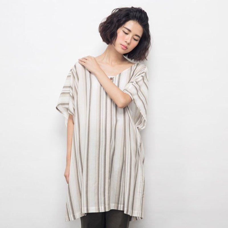 河谷条纹v领 上衣/罩衫-卡其 - 女装上衣 - 其他材质 卡其色