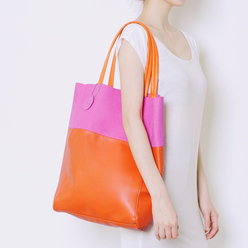 U-PICK原品生活 拼色皮革单肩包 手拎包 原创撞色生日大包皮包 （开口无拉链和暗扣，无内袋） - 侧背包/斜挎包 - 真皮 