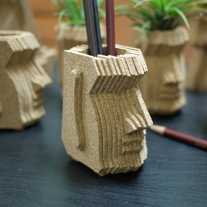 摩艾Moai 巨石像、创意笔筒、礼品文具、软木手作、定制化 - 笔筒/笔座 - 木头 咖啡色
